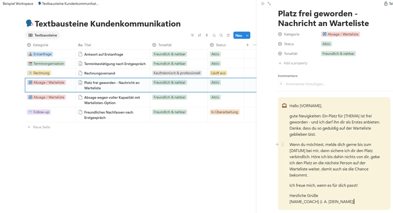 Notion-Datenbank mit Textbausteinen zur Kundenkommunikation: Kategorie, Titel, Tonalität und Status, inklusive einer Beispiel-Vorlage für eine Warteliste-Benachrichtigung mit Platzhaltern für Name und Ansprechpartnerin