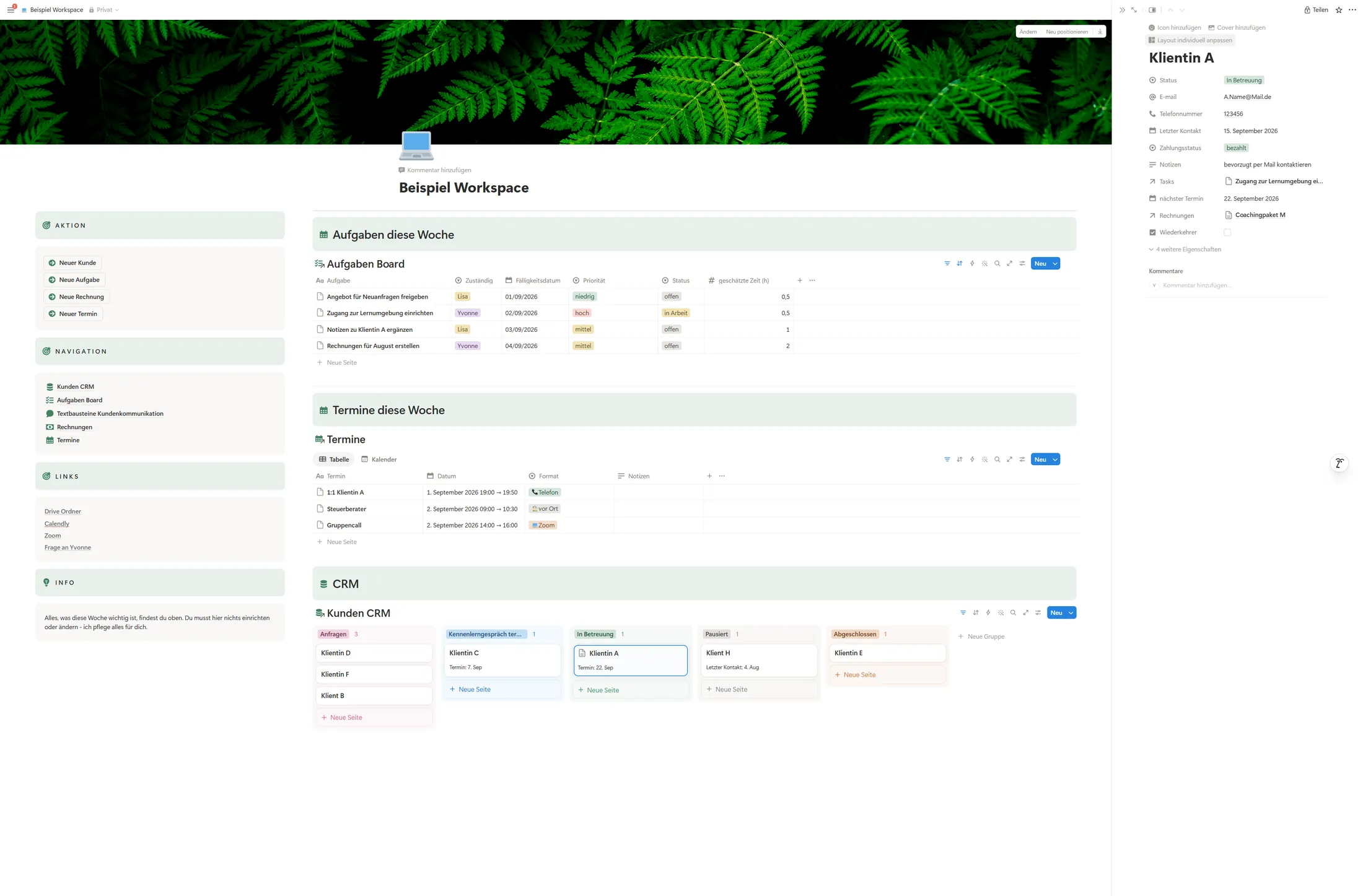 Notion-Startseite eines Kunden-Workspaces mit Aktions-Buttons, Aufgaben, Terminen und einem CRM-Kanban-Board mit Klientenkarten